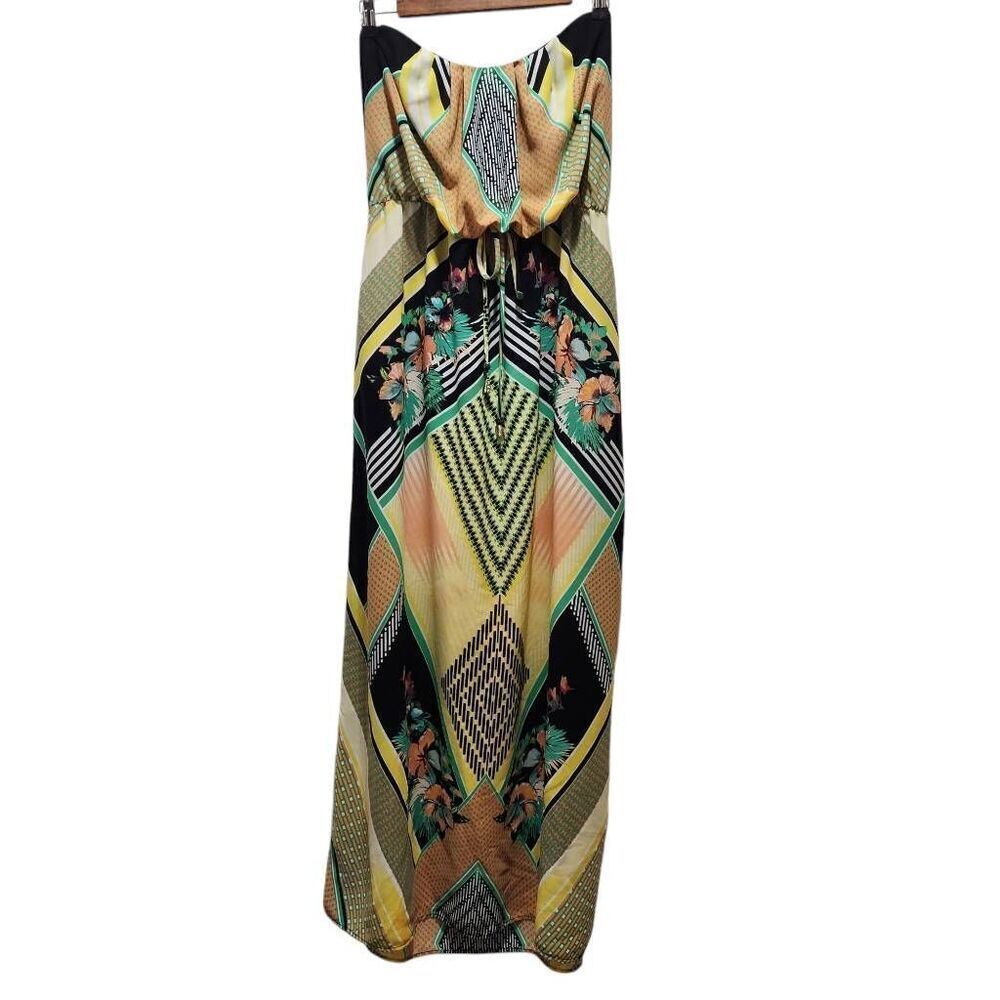 City Studio‎ strapless maxi dress drawstring waist Aztec floral print XL